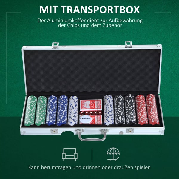 HOMCOM Poker Kuffert Sæt med 500 Chips, 2 Kortspil, 5 Terninger og Aluminiumskuffert i Grøn, Blå, Rød