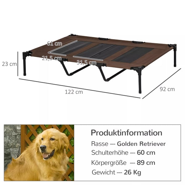 PawHut Hævet Hundeseng Udendørs, Metal & Oxford Stof, Kaffebrun, 122 x 92 x 23 cm