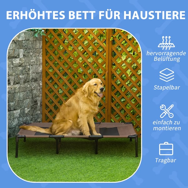 PawHut Hævet Hundeseng Udendørs, Metal & Oxford Stof, Kaffebrun, 122 x 92 x 23 cm