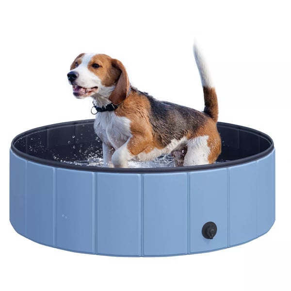 PawHut Hundepool Plaskebassin til Hunde, Svømmebassin af PVC+træ, Blå, Ø100xH30 cm, Perfekt til varme dage
