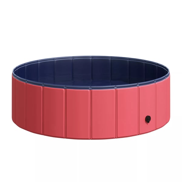 PawHut hundepool, soppebassin til hunde, swimmingpool i PVC+træ, rød, Ø100xH30 cm, sommerforfriskning