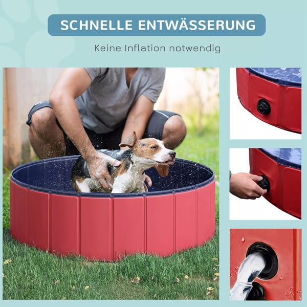 PawHut hundepool, soppebassin til hunde, swimmingpool i PVC+træ, rød, Ø100xH30 cm, sommerforfriskning