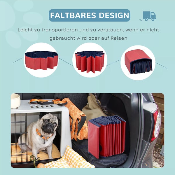 PawHut hundepool, soppebassin til hunde, swimmingpool i PVC+træ, rød, Ø100xH30 cm, sommerforfriskning