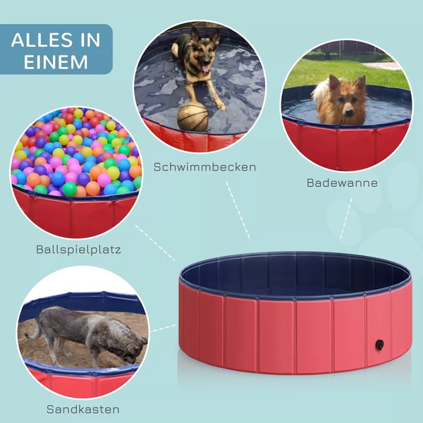 PawHut hundepool, soppebassin til hunde, swimmingpool i PVC+træ, rød, Ø100xH30 cm, sommerforfriskning