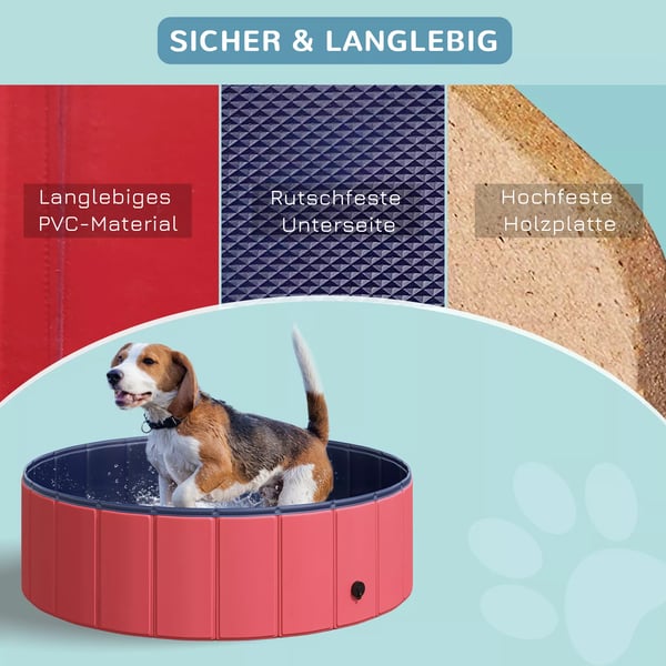 PawHut hundepool, soppebassin til hunde, swimmingpool i PVC+træ, rød, Ø100xH30 cm, sommerforfriskning