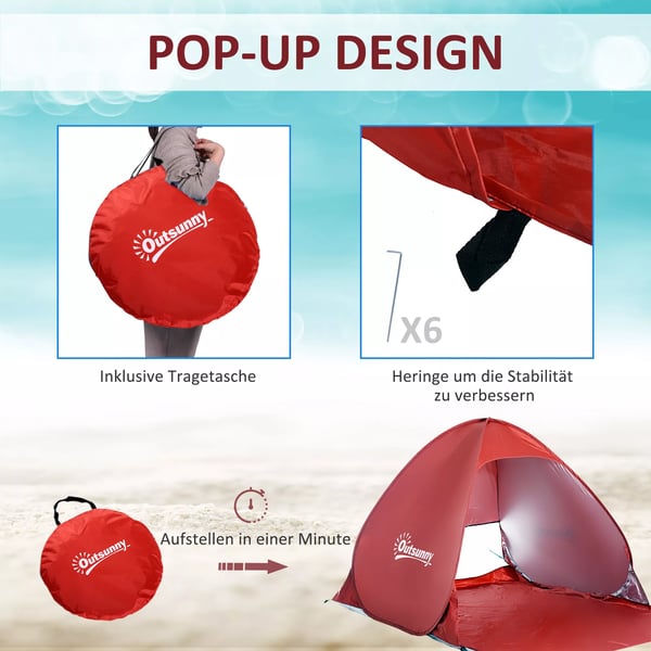 Outsunny automaattinen rantateltta, pop-up, polyesteri, punainen, 200x150x119cm