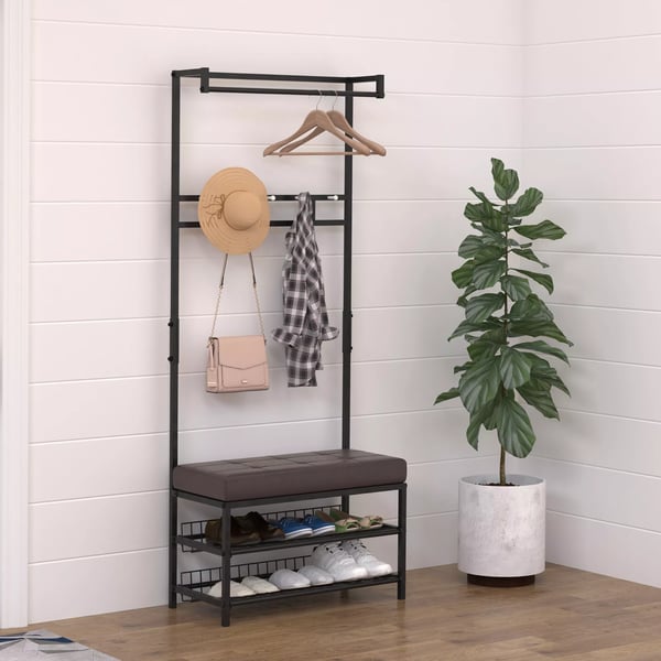 HOMCOM Garderobestativ med bænk, tøjstativ & skohylde, metal, 2 skohylder, siddeplads, 72,5x35x180cm