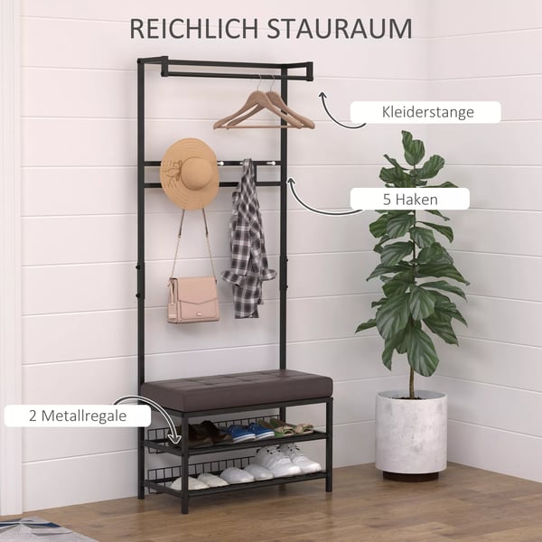 HOMCOM Garderobestativ med bænk, tøjstativ & skohylde, metal, 2 skohylder, siddeplads, 72,5x35x180cm
