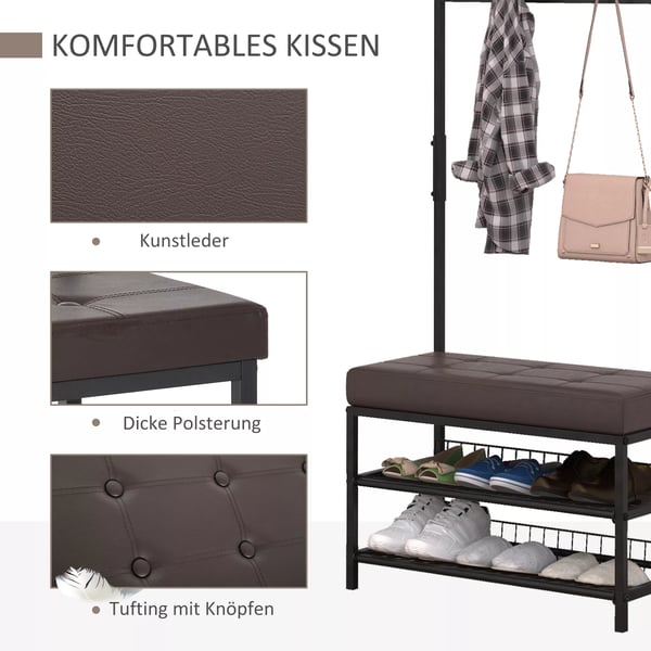 HOMCOM Garderobestativ med bænk, tøjstativ & skohylde, metal, 2 skohylder, siddeplads, 72,5x35x180cm