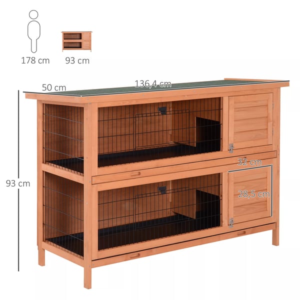 Dubbelvånings Smådjursbur för Marsvin av Granträ, Orange, 136,4 cm x 50 cm x 93 cm