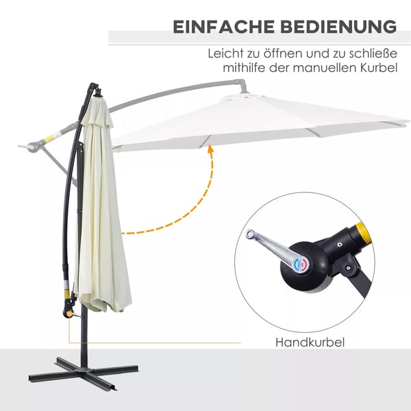 Outsunny Hængende Parasol Creme Ø3m - Justerbar Parasol i Stål og Polyester med Håndsving
