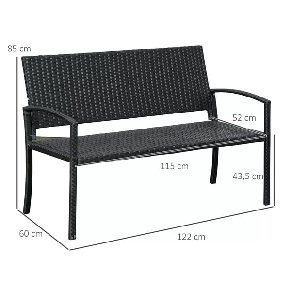 Outsunny Havebænk i Polyrattan - Sort (2-personers, Stålramme, 122x60x87cm)