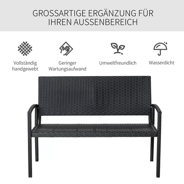 Outsunny Havebænk i Polyrattan - Sort (2-personers, Stålramme, 122x60x87cm)
