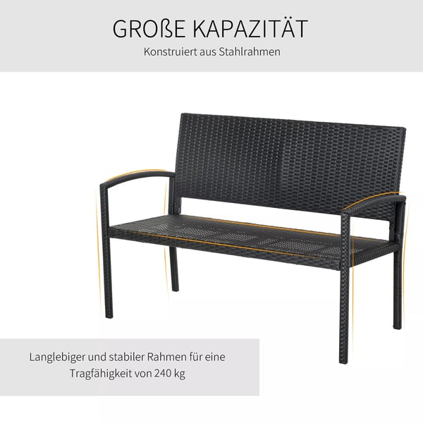 Outsunny Havebænk i Polyrattan - Sort (2-personers, Stålramme, 122x60x87cm)