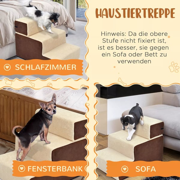 PawHut Kæledyrstrappe med 3 Trin - Plys, Beige - Perfekt til Ældre, Små Hunde og Katte, 54x40x39cm