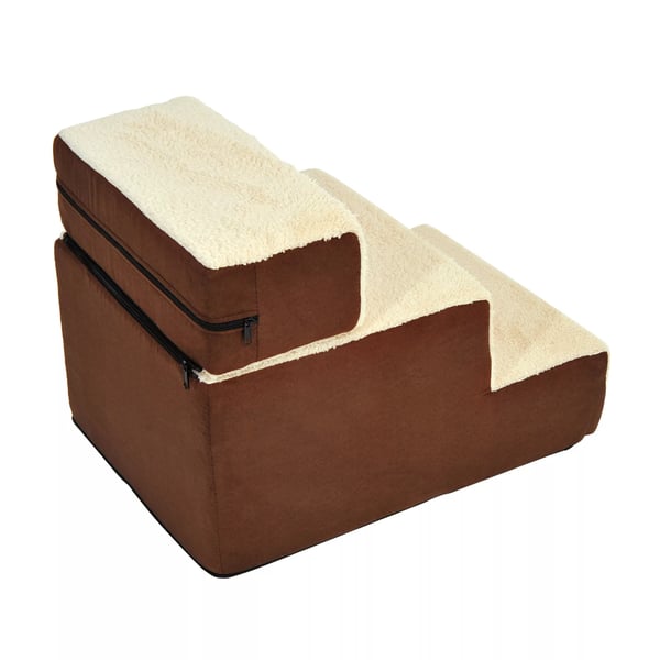 PawHut Kæledyrstrappe med 3 Trin - Plys, Beige - Perfekt til Ældre, Små Hunde og Katte, 54x40x39cm