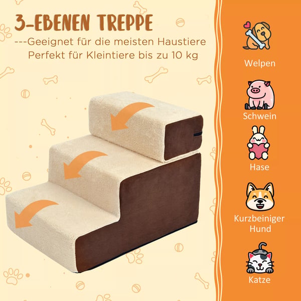 PawHut Kæledyrstrappe med 3 Trin - Plys, Beige - Perfekt til Ældre, Små Hunde og Katte, 54x40x39cm