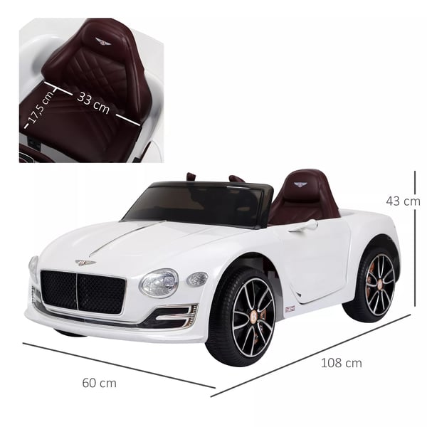 Licenseret Bentley GT Elbil til Børn, Fjernbetjent, Hvid, Metal/Plastik, 108x60x43 cm
