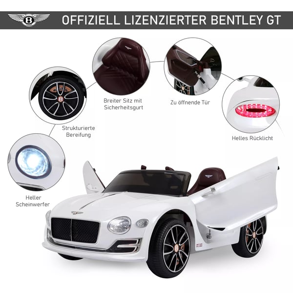 Licenseret Bentley GT Elbil til Børn, Fjernbetjent, Hvid, Metal/Plastik, 108x60x43 cm