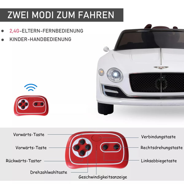 Licenseret Bentley GT Elbil til Børn, Fjernbetjent, Hvid, Metal/Plastik, 108x60x43 cm