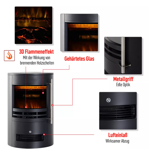 Elektrisk Pejs - Vægspejs & Fritstående Brændeovn med Flammeeffekt, Sort (Jern, Plastik, Hærdet Glas) - 900/2000W - 41x41x64.5cm