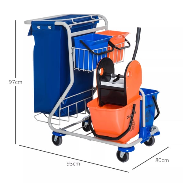 HOMCOM rengøringsvogn med 4 spande og hjul, blå/orange, 100 x 70 x 103 cm