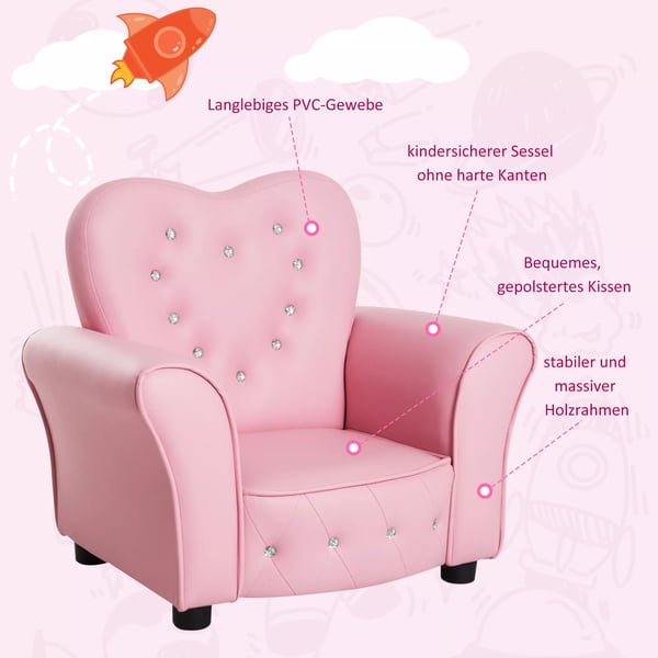 Barnsoffa Prinsessa Hjärtformad i Rosa PVC och Skum, L59xB41,5xH49cm