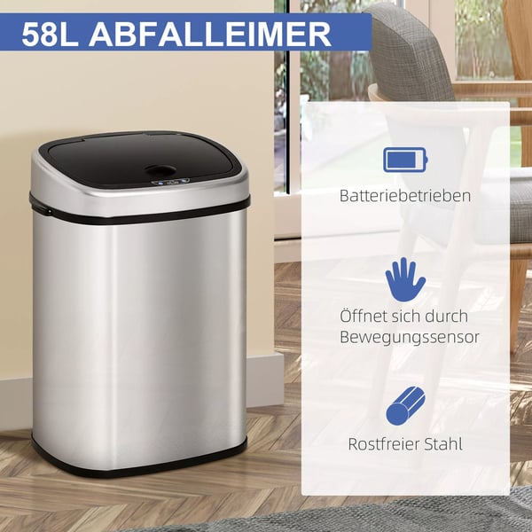 HOMCOM 58L affaldsspand, automatisk skraldespand med infrarød sensor, hygiejnisk, stor, rustfrit stål, sølv, L40,9xB28,9xH68 cm