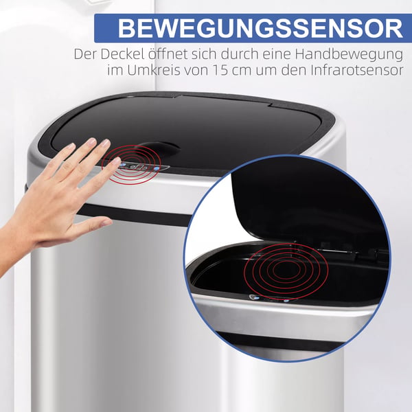 HOMCOM 58L affaldsspand, automatisk skraldespand med infrarød sensor, hygiejnisk, stor, rustfrit stål, sølv, L40,9xB28,9xH68 cm