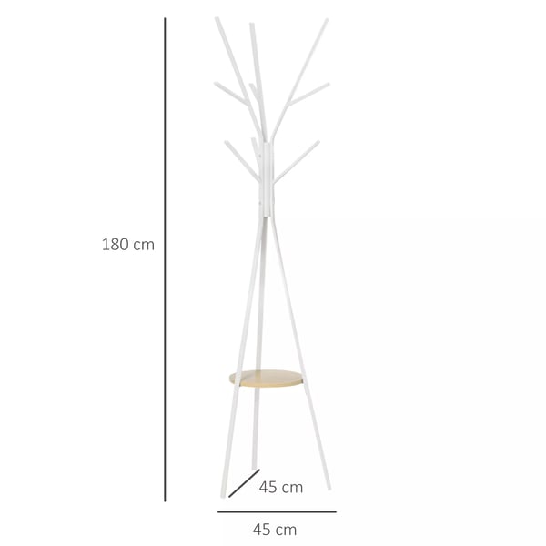 HOMCOM Garderobestativ i hvid, metal og træ, 45x45x180cm - Stilfuldt gulvstativ med hylde og 8 kroge til entré, soveværelse