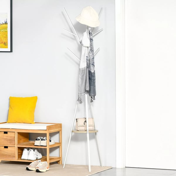 HOMCOM Garderobestativ i hvid, metal og træ, 45x45x180cm - Stilfuldt gulvstativ med hylde og 8 kroge til entré, soveværelse