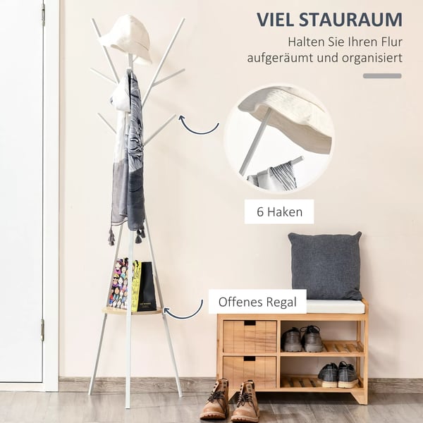 HOMCOM Garderobestativ i hvid, metal og træ, 45x45x180cm - Stilfuldt gulvstativ med hylde og 8 kroge til entré, soveværelse