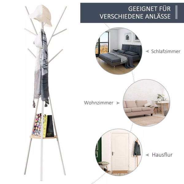 HOMCOM Garderobestativ i hvid, metal og træ, 45x45x180cm - Stilfuldt gulvstativ med hylde og 8 kroge til entré, soveværelse