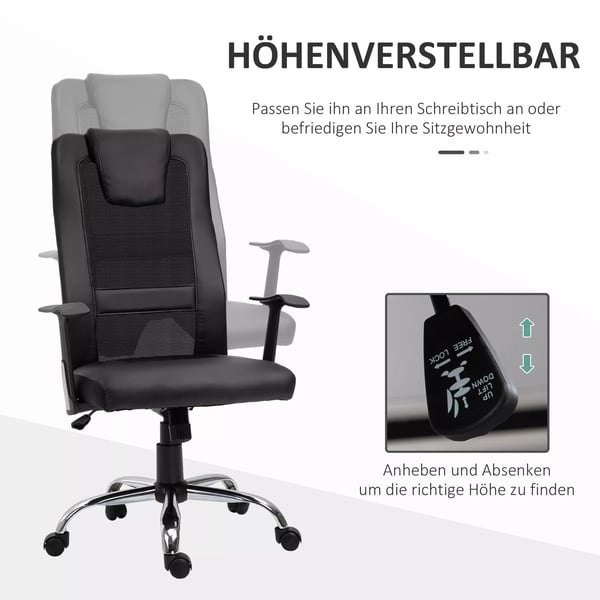 Vinsetto Ergonomisk Kontorstol – Hjdejusterbar, PU-Læder, Sort, 66x73x108-118cm