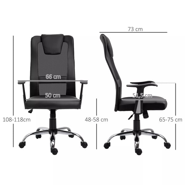Vinsetto Ergonomisk Kontorstol – Hjdejusterbar, PU-Læder, Sort, 66x73x108-118cm