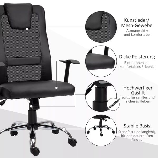 Vinsetto Ergonomisk Kontorstol – Hjdejusterbar, PU-Læder, Sort, 66x73x108-118cm