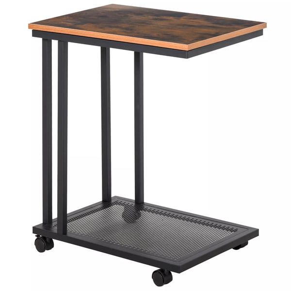 HOMCOM C-formet sidebord med hjul, rullebord, serveringsvogn, småbord, træ + metal, sort + valnød, 51x36x65 cm