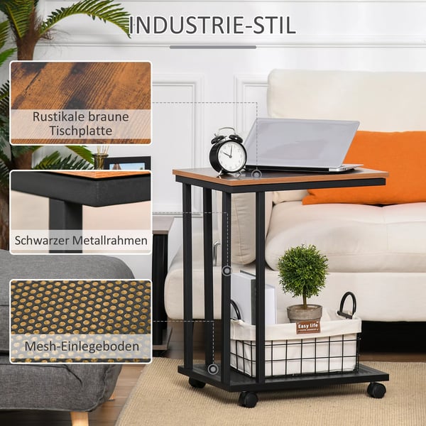 HOMCOM C-formet sidebord med hjul, rullebord, serveringsvogn, småbord, træ + metal, sort + valnød, 51x36x65 cm