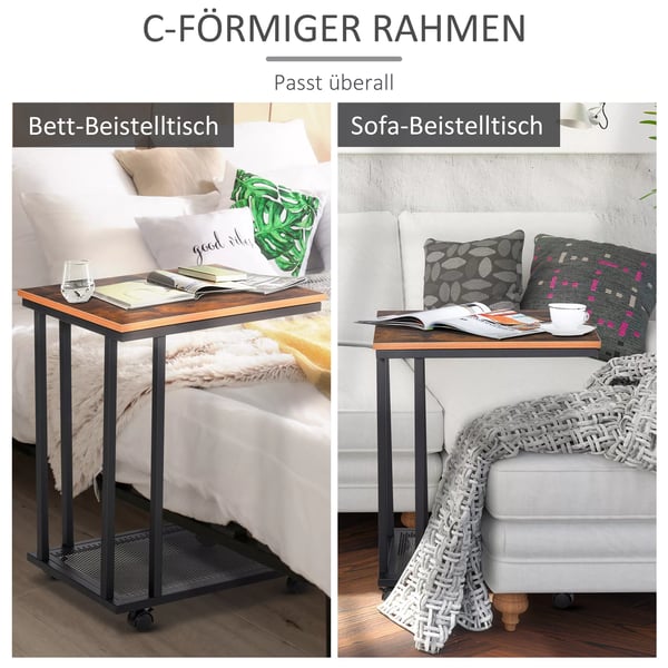 HOMCOM C-formet sidebord med hjul, rullebord, serveringsvogn, småbord, træ + metal, sort + valnød, 51x36x65 cm