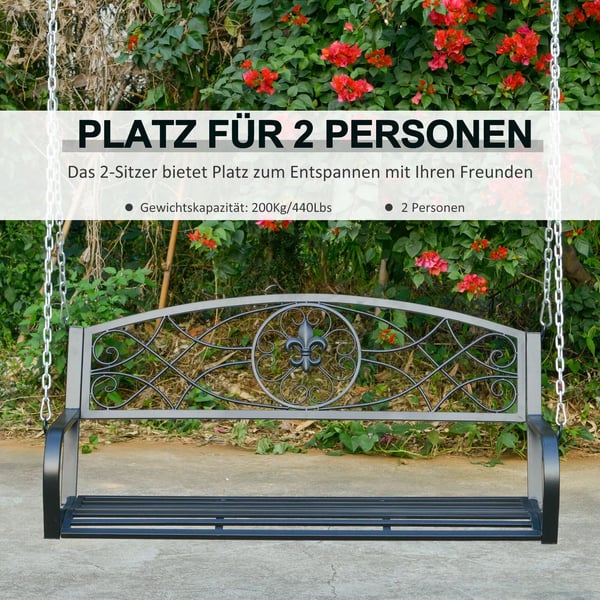 Outsunny Hollywoodsving, vejrbestandig havesving, hængebank, 2-personers svingbænk med kæder, metal, sort, 132 x 63 x 58 cm