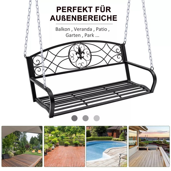 Outsunny Hollywoodsving, vejrbestandig havesving, hængebank, 2-personers svingbænk med kæder, metal, sort, 132 x 63 x 58 cm