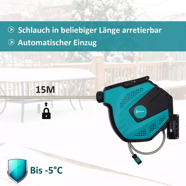 väggmonterad slangbox, 15m PVC, grön/svart, 180° svängbar med multifunktionsmunstycke, frostskydd (-5 till 45°C)