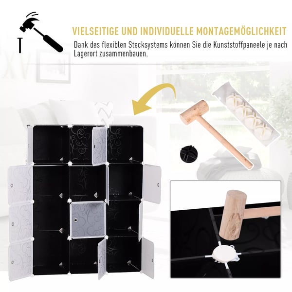 HOMCOM Modul Garderobeskab - Sort + Hvid Plastik Garderobe System med Bøjlestang, Fleksibel Opbevaring