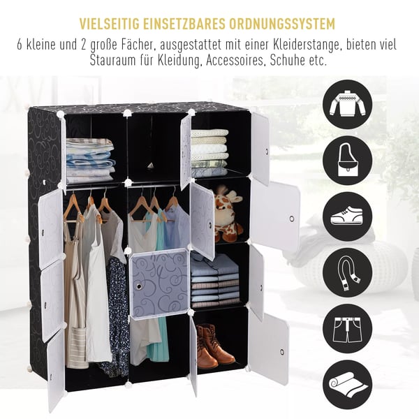 HOMCOM Modul Garderobeskab - Sort + Hvid Plastik Garderobe System med Bøjlestang, Fleksibel Opbevaring