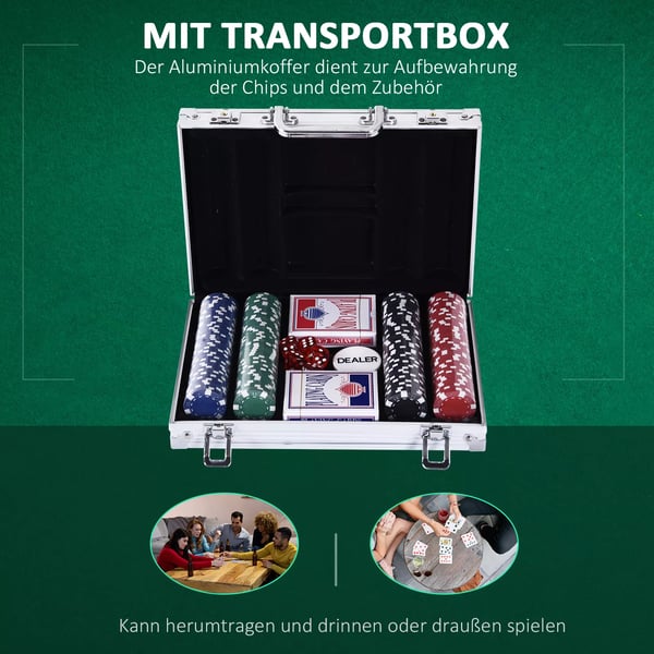 HOMCOM pokerkuffert, 200 pokerchips, 2 sæt spillekort, 5 terninger, aluminiumskuffert, polystyren, 29,5x20,5x6,5 cm, til spilleaftener