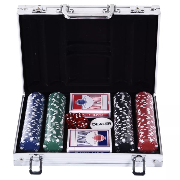 HOMCOM pokerkuffert, 200 pokerchips, 2 sæt spillekort, 5 terninger, aluminiumskuffert, polystyren, 29,5x20,5x6,5 cm, til spilleaftener