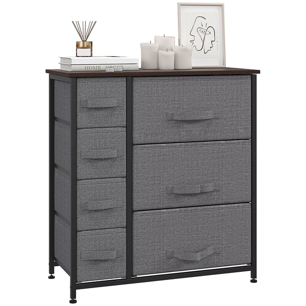 HOMCOM Byrå Förvaringsskåp 7 hopfällbara tyglådor metallram trälook non-woven tyg grå 63,5x30x71cm
