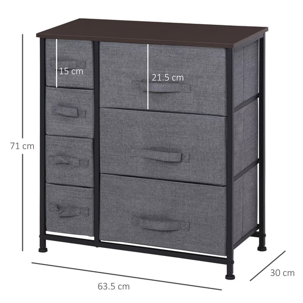 HOMCOM kommode opbevaringsskab 7 foldbare stofskuffer metalstel træ-look non-woven stof grå 63,5x30x71cm