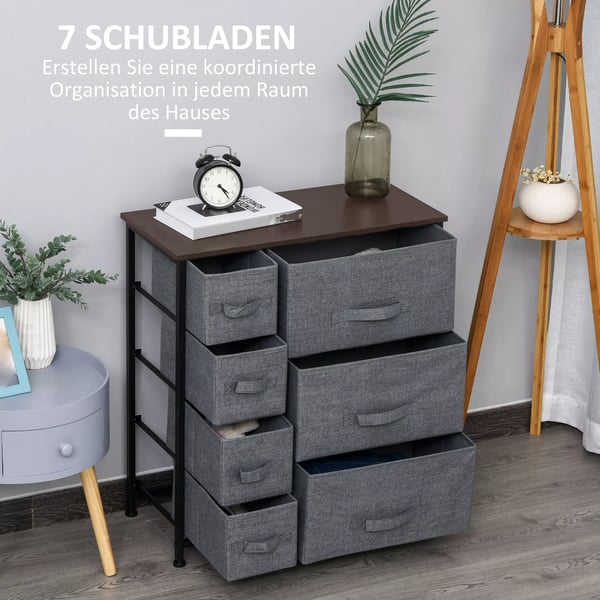 HOMCOM kommode opbevaringsskab 7 foldbare stofskuffer metalstel træ-look non-woven stof grå 63,5x30x71cm