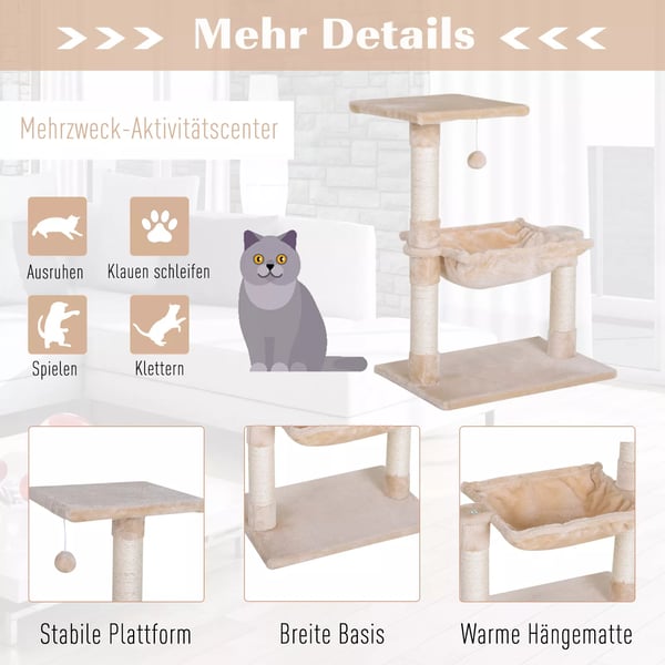 PawHut klatretræ til katte, beige, med sisalstolpe, plys hængekøje, 50x36x70 cm